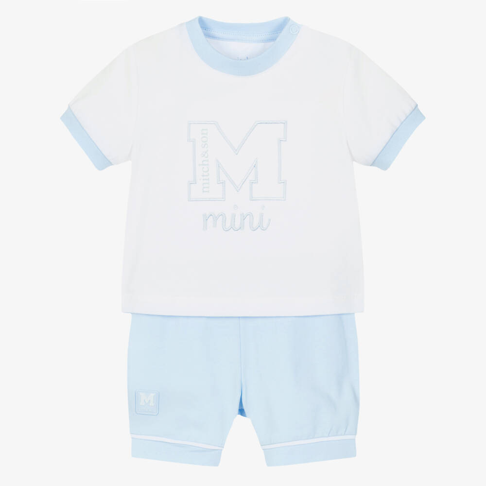 Mitch & Son-Baby Boys White & Blue Embroidered Logo Cotton Shorts Set | Childrensalon