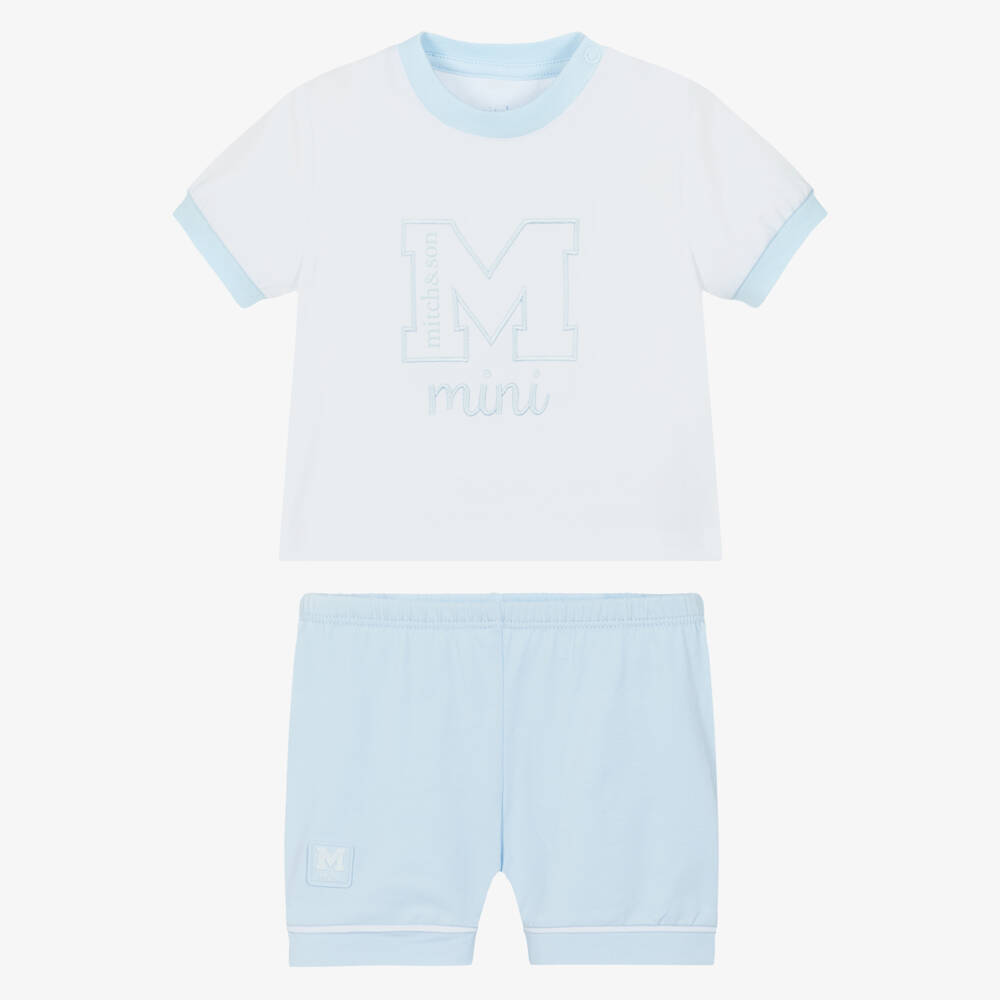 Mitch & Son-Baby Boys White & Blue Embroidered Logo Cotton Shorts Set | Childrensalon
