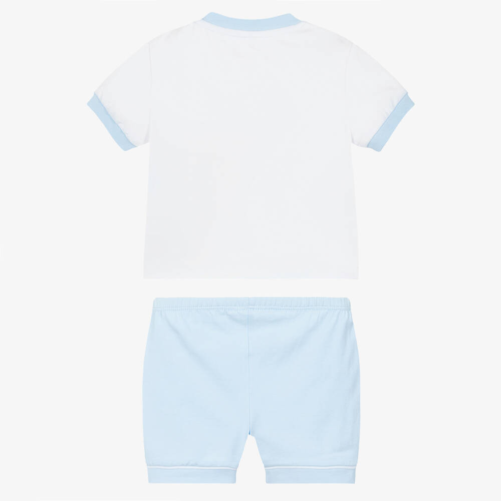 Mitch & Son-Baby Boys White & Blue Embroidered Logo Cotton Shorts Set | Childrensalon
