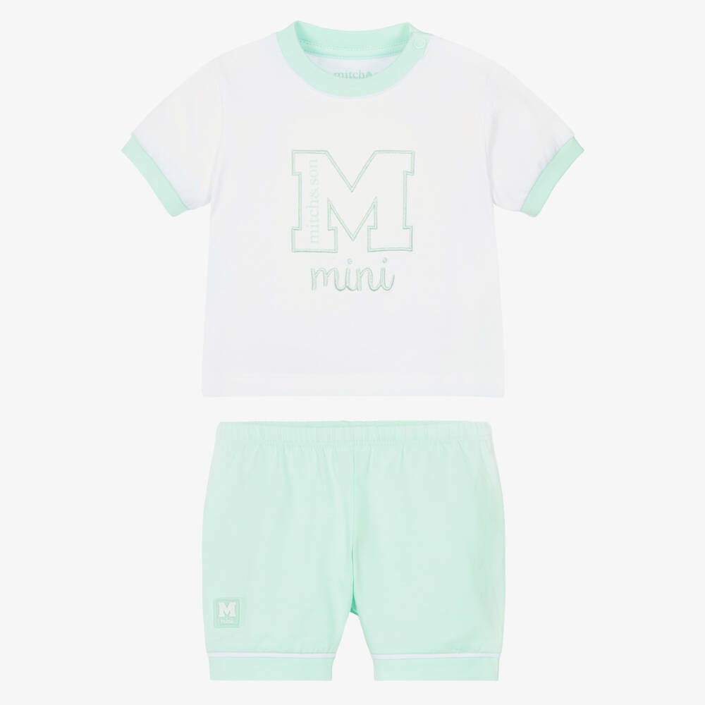 Mitch & Son-Baby Boys White Green Embroidered Logo Cotton Shorts Set | Childrensalon