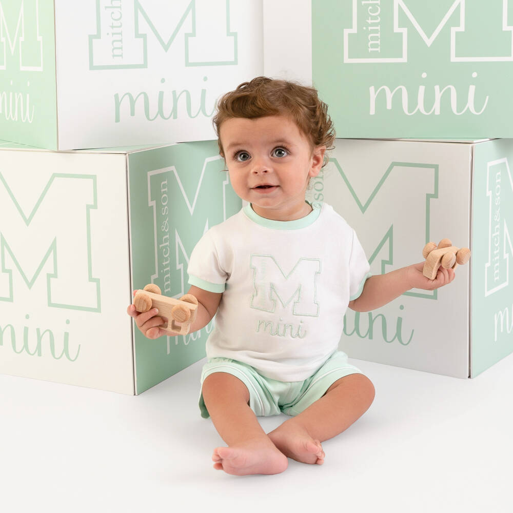 Mitch & Son-Baby Boys White Green Embroidered Logo Cotton Shorts Set | Childrensalon