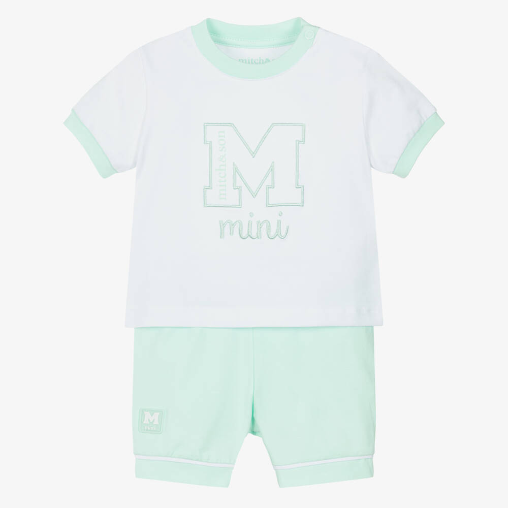 Mitch & Son-Baby Boys White Green Embroidered Logo Cotton Shorts Set | Childrensalon