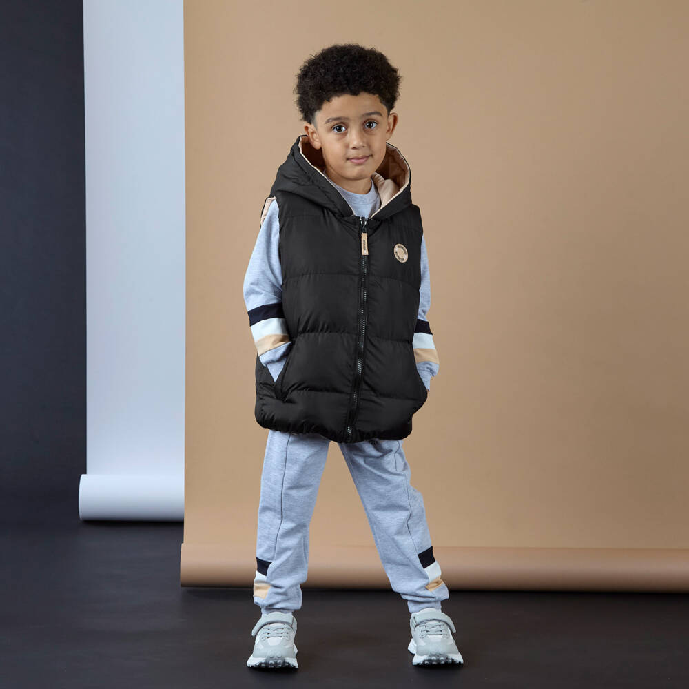 Mitch & Son-Boys Beige & Black Reversible Puffer Gilet | Childrensalon