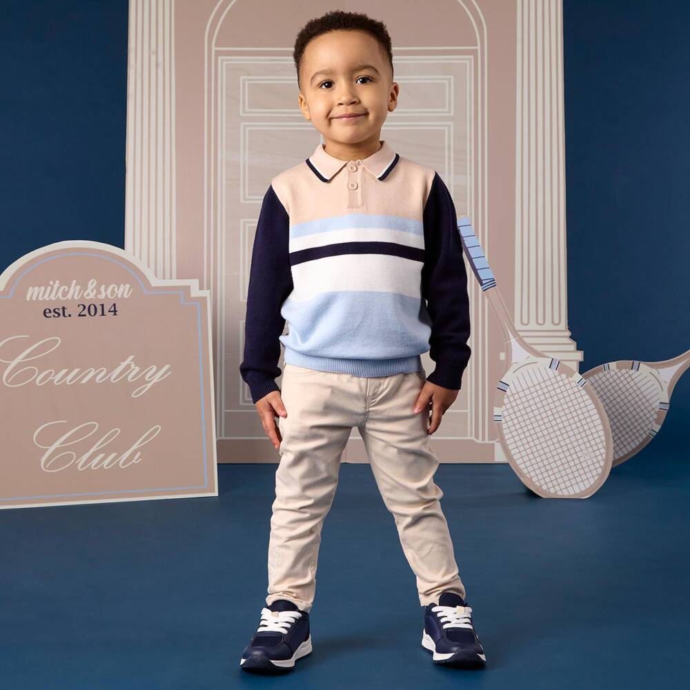 Mitch & Son-Boys Beige & Blue Colour Block Sweater | Childrensalon