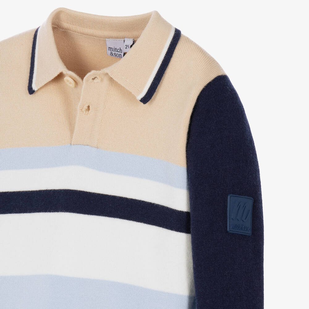 Mitch & Son-Boys Beige & Blue Colour Block Sweater | Childrensalon