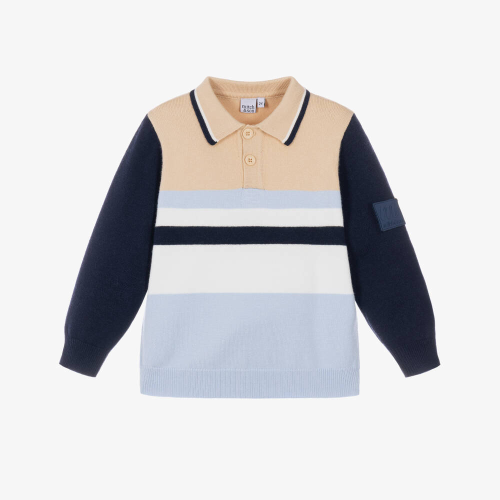 Mitch & Son-Boys Beige & Blue Colour Block Sweater | Childrensalon