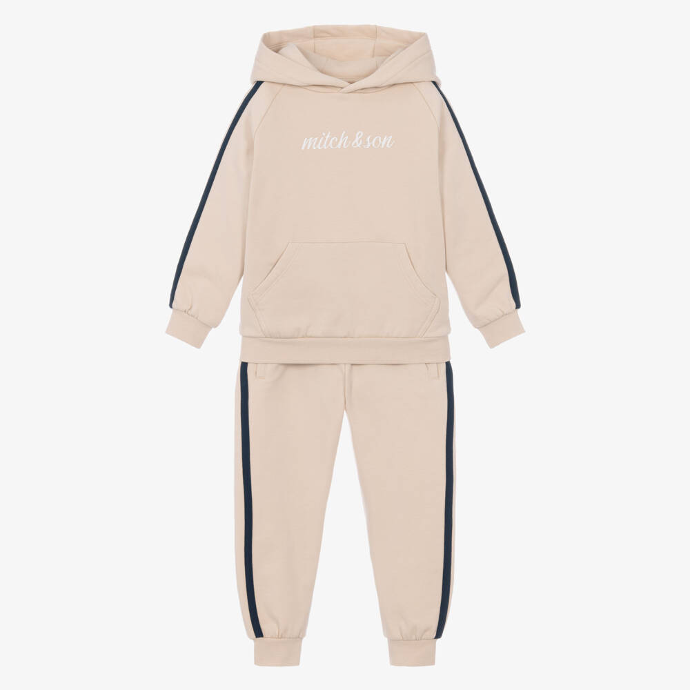 Mitch & Son-Boys Beige Cotton Hooded Tracksuit | Childrensalon
