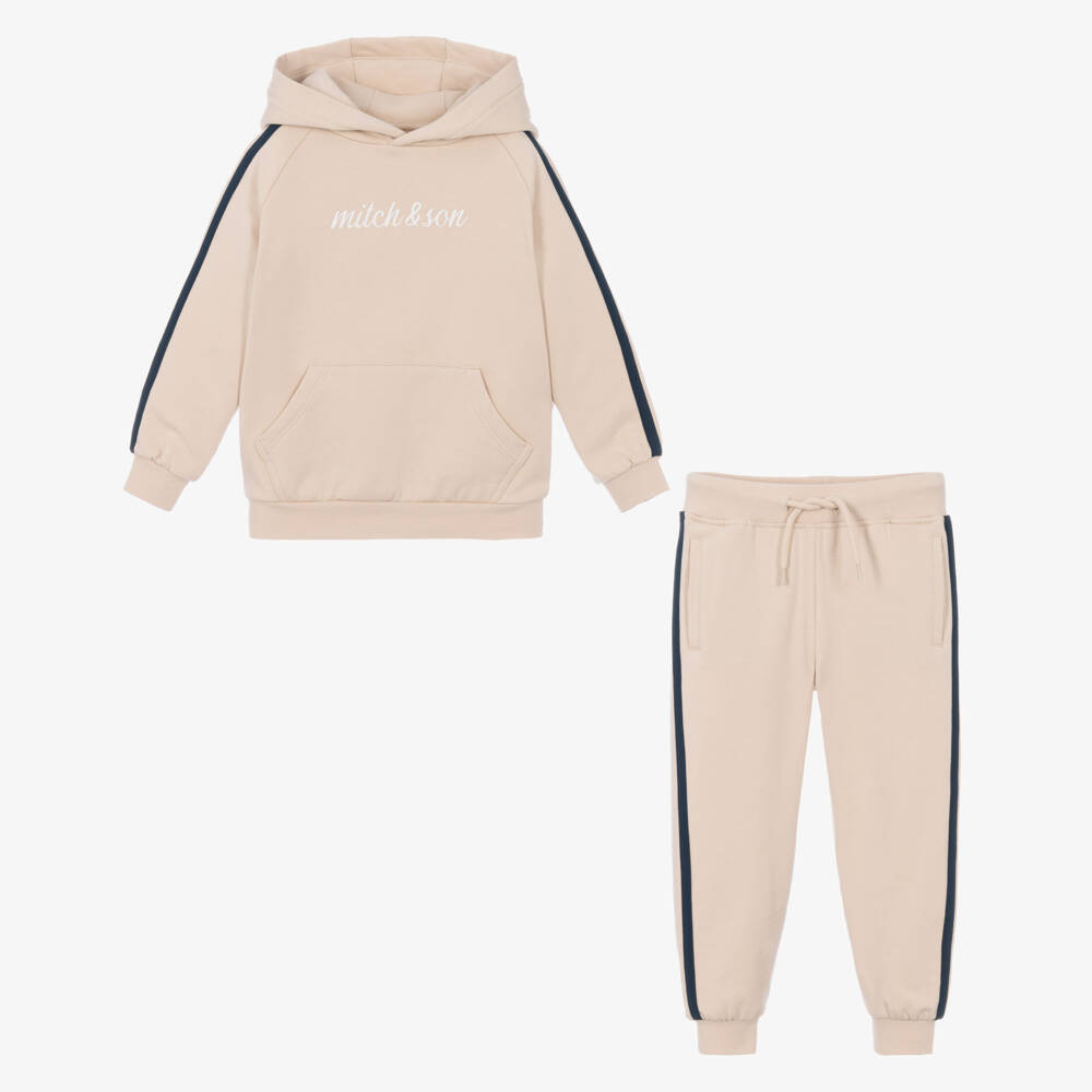 Mitch & Son-Boys Beige Cotton Hooded Tracksuit | Childrensalon