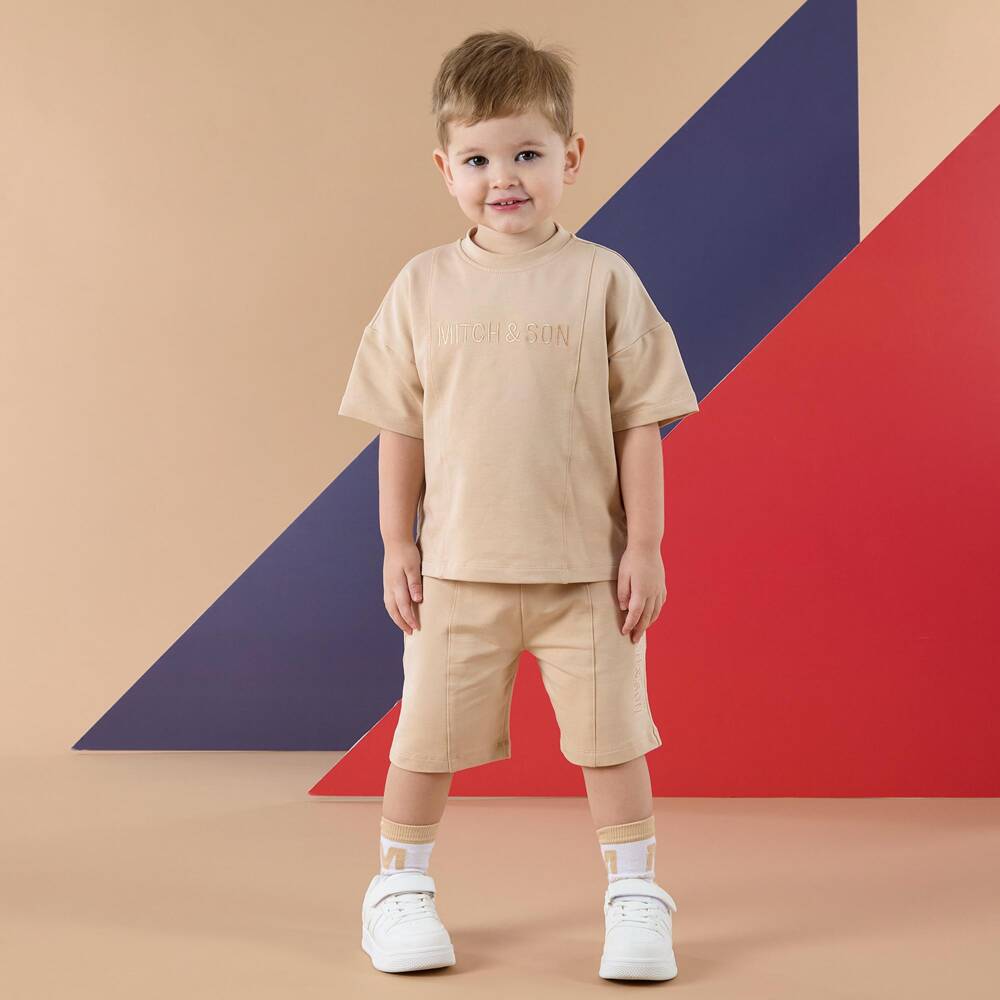 Mitch & Son-Boys Beige Cotton Jersey Shorts Set with Embroidered Logos | Childrensalon