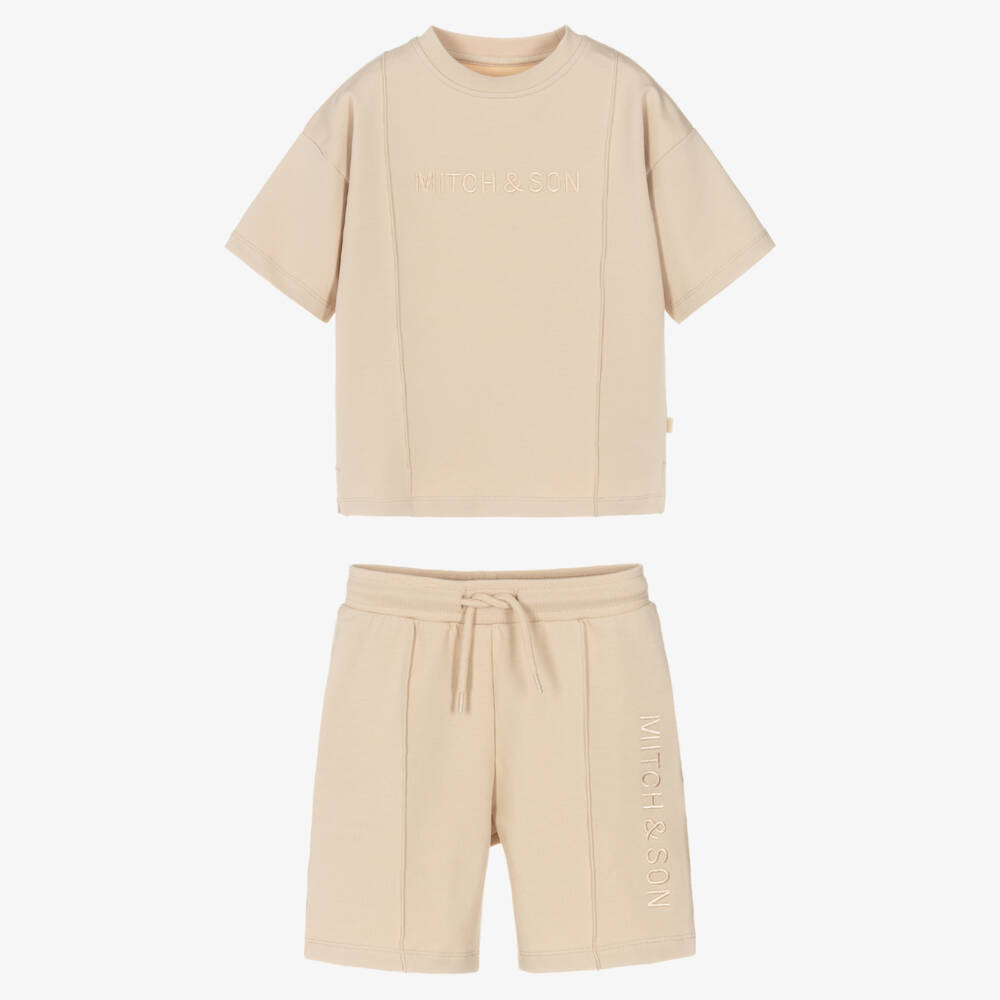 Mitch & Son-طقم شورت قطن جيرسي مطرز بشعارات لون بيج للأولاد | Childrensalon