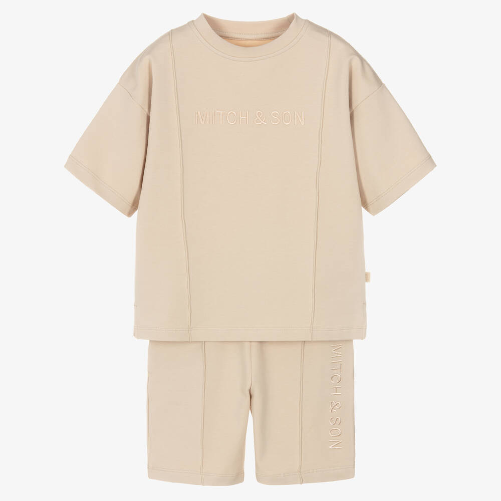 Mitch & Son-Boys Beige Cotton Jersey Shorts Set with Embroidered Logos | Childrensalon