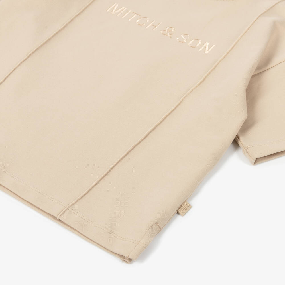 Mitch & Son-طقم شورت قطن جيرسي مطرز بشعارات لون بيج للأولاد | Childrensalon