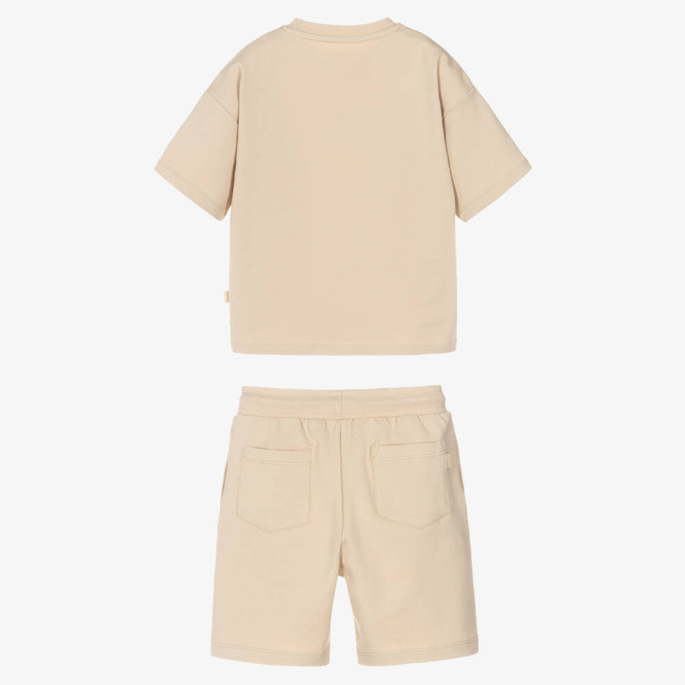 Mitch & Son-طقم شورت قطن جيرسي مطرز بشعارات لون بيج للأولاد | Childrensalon