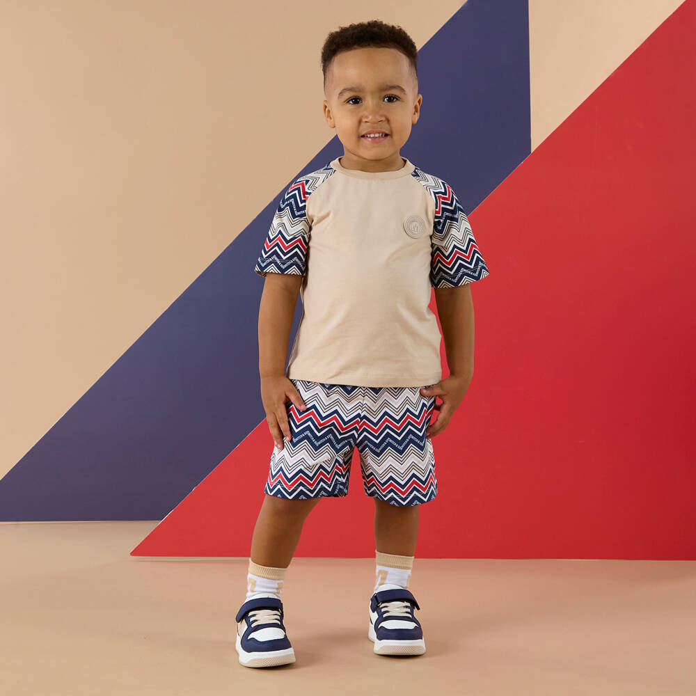 Mitch & Son-Boys Beige Cotton Shorts Set with Zigzag Print | Childrensalon