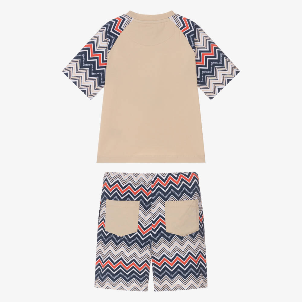 Mitch & Son-Boys Beige Cotton Shorts Set with Zigzag Print | Childrensalon