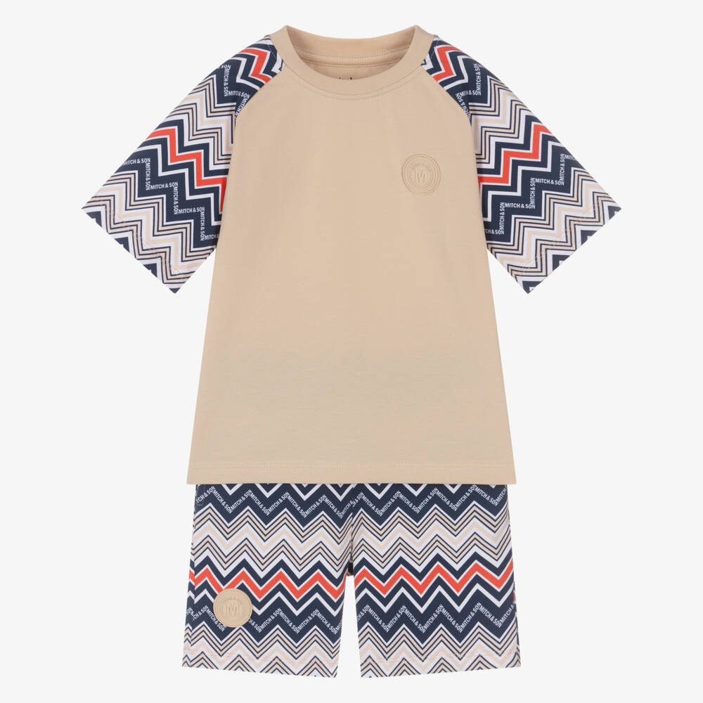 Mitch & Son-Boys Beige Cotton Shorts Set with Zigzag Print | Childrensalon