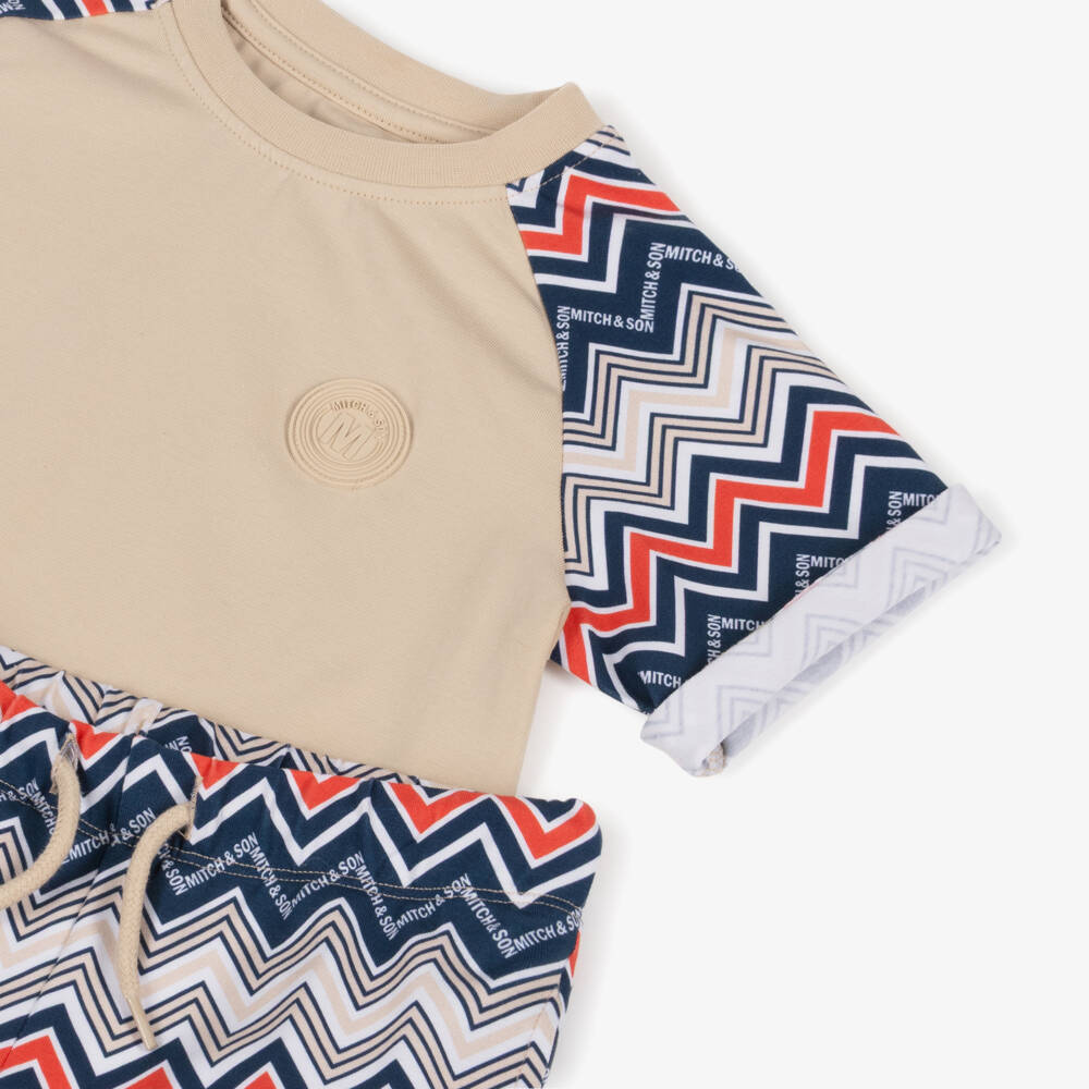 Mitch & Son-Boys Beige Cotton Shorts Set with Zigzag Print | Childrensalon