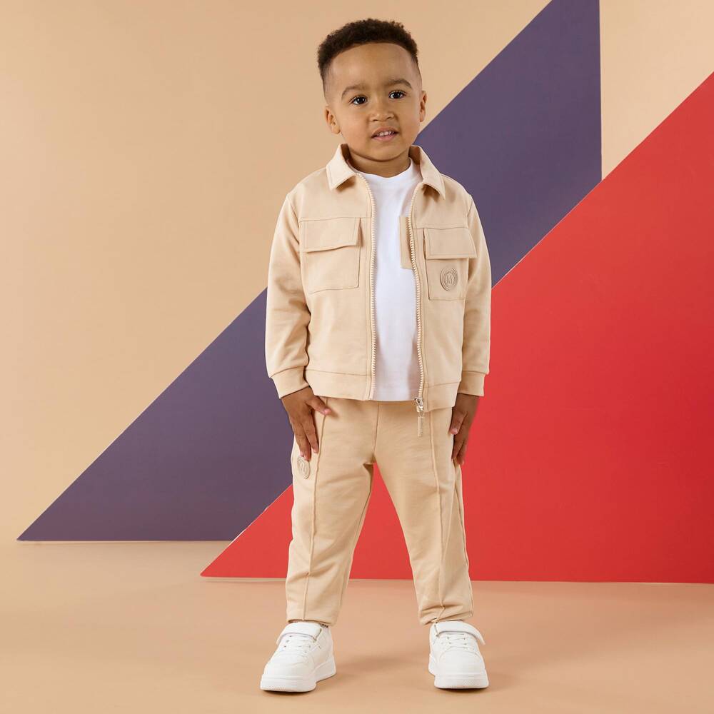 Mitch & Son-Boys Beige Cotton Tracksuit with Flap Pockets | Childrensalon