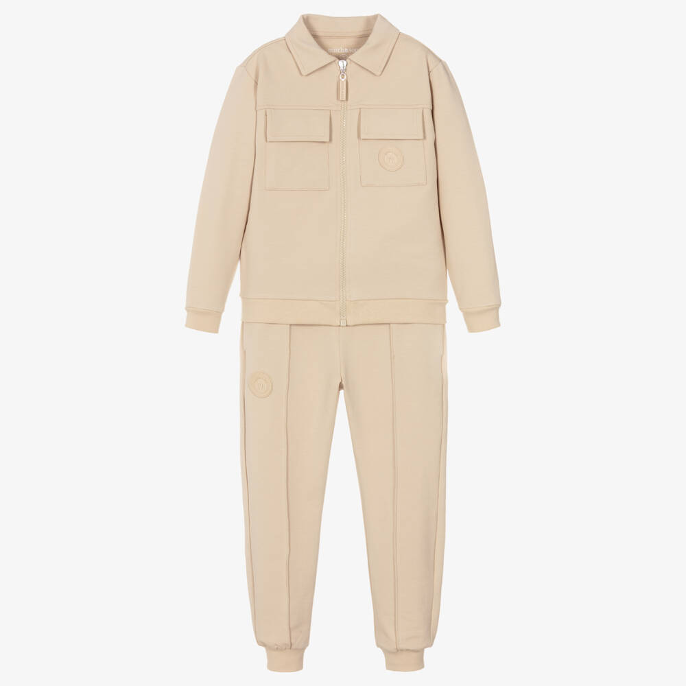 Mitch & Son-Boys Beige Cotton Tracksuit with Flap Pockets | Childrensalon