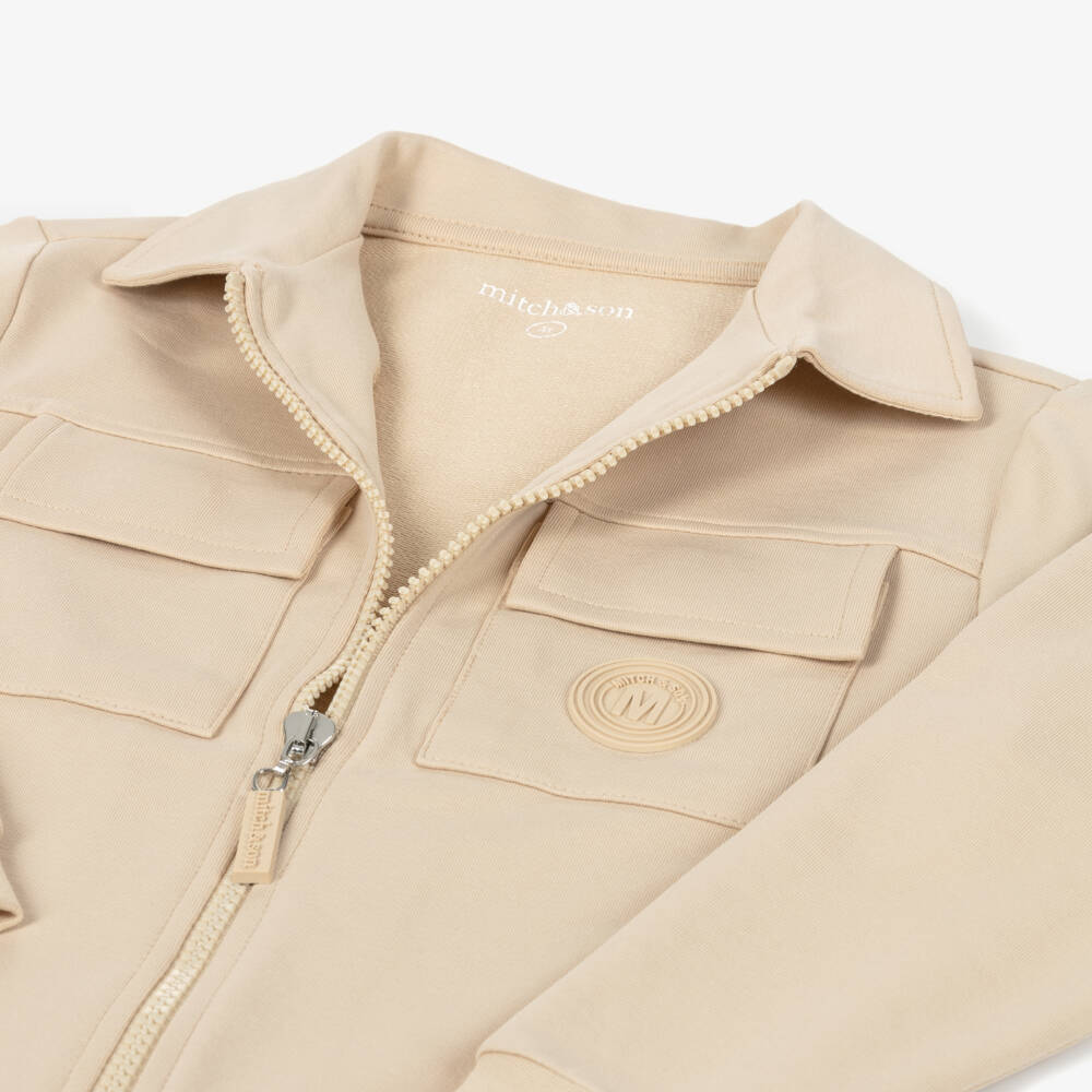 Mitch & Son-Boys Beige Cotton Tracksuit with Flap Pockets | Childrensalon