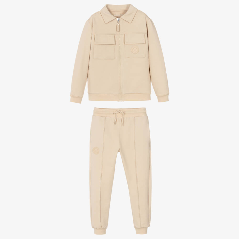 Mitch & Son-Boys Beige Cotton Tracksuit with Flap Pockets | Childrensalon