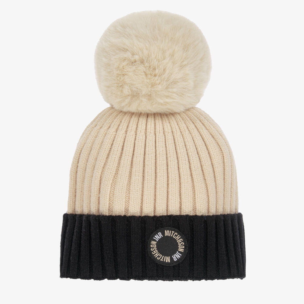 Mitch & Son-Boys Beige Ribbed Knit Hat with Faux Fur Pom-Pom | Childrensalon