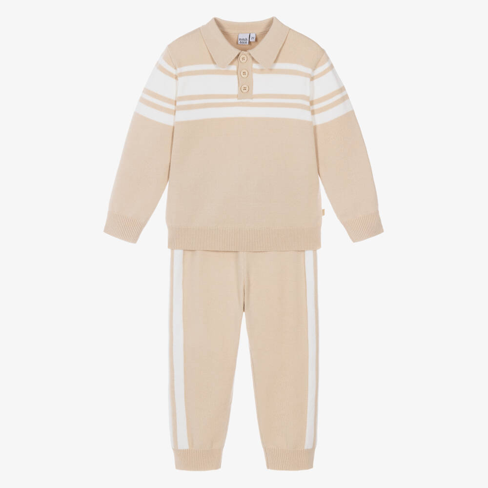 Mitch & Son-Boys Beige & White Knitted Tracksuit | Childrensalon