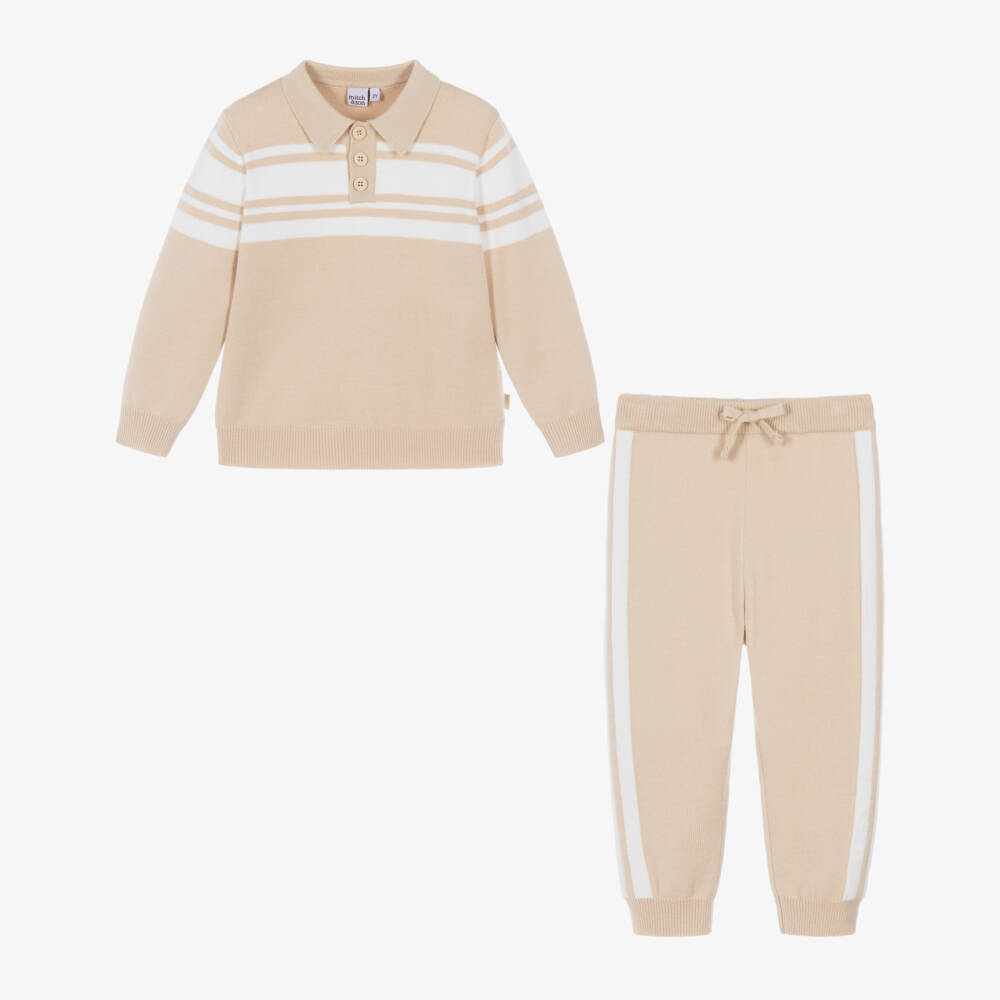 Mitch & Son-Boys Beige & White Knitted Tracksuit | Childrensalon