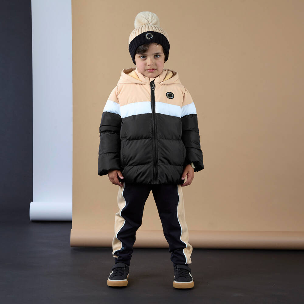 Mitch & Son-Boys Black & Beige Colourblock Puffer Coat | Childrensalon