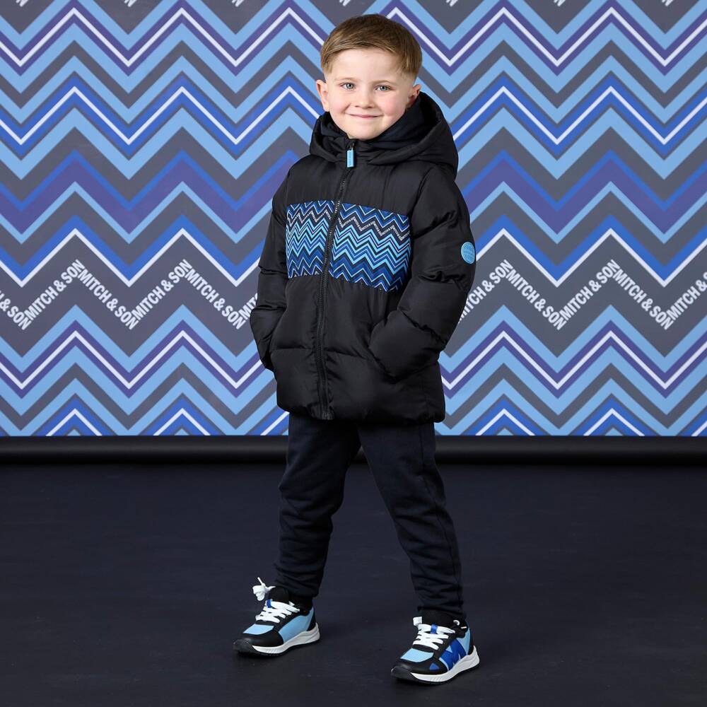 Mitch & Son-Boys Black & Blue Zigzag Puffer Jacket | Childrensalon