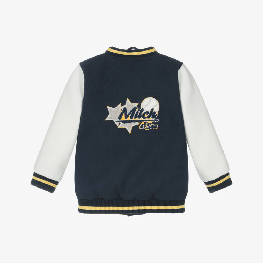 Mitch & Son-Boys Blue & Ivory Felted Varsity Jacket with Bouclé Logos | Childrensalon