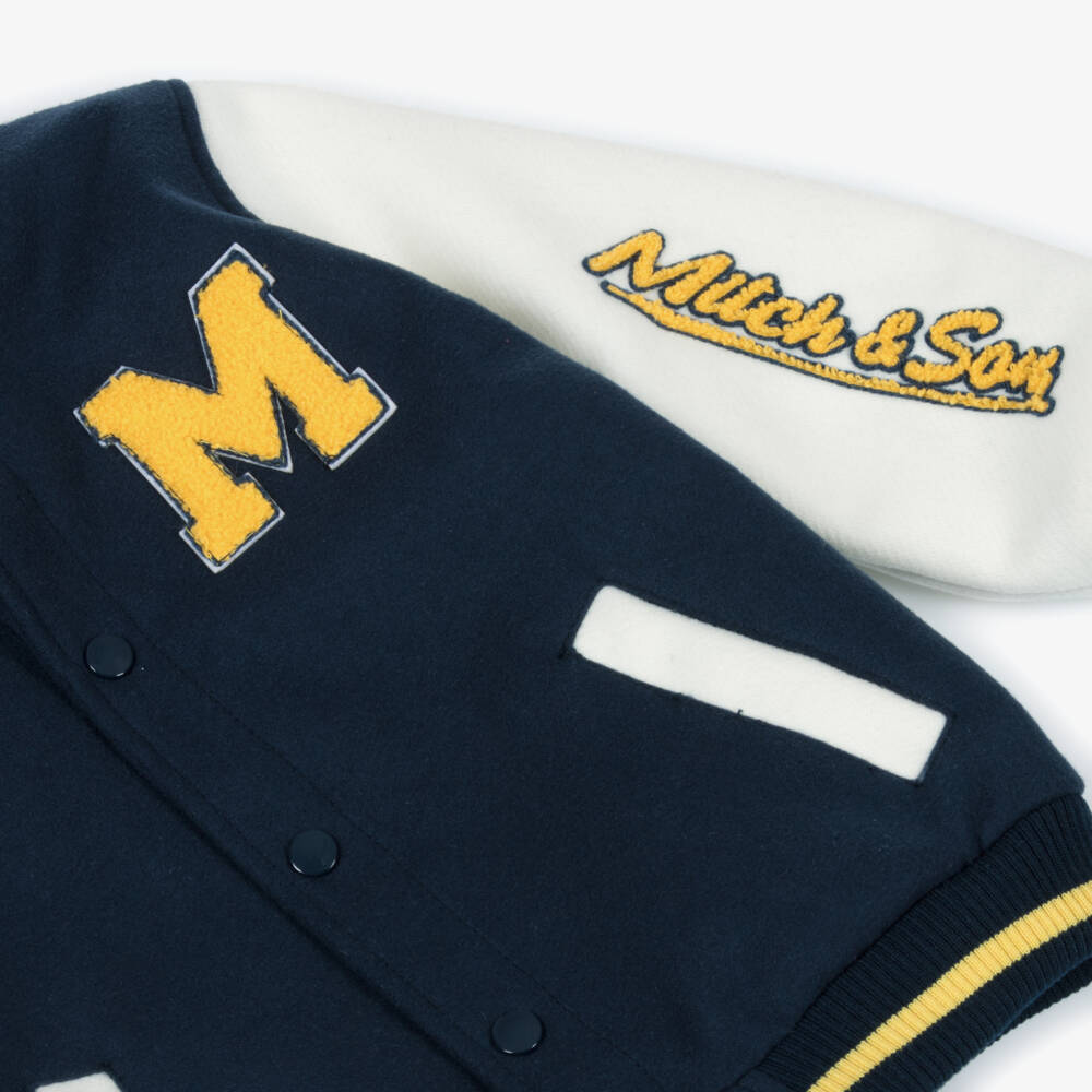 Mitch & Son-Boys Blue & Ivory Felted Varsity Jacket with Bouclé Logos | Childrensalon