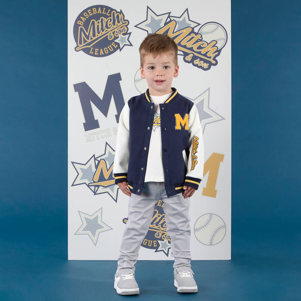 Mitch & Son-Boys Blue & Ivory Felted Varsity Jacket with Bouclé Logos | Childrensalon