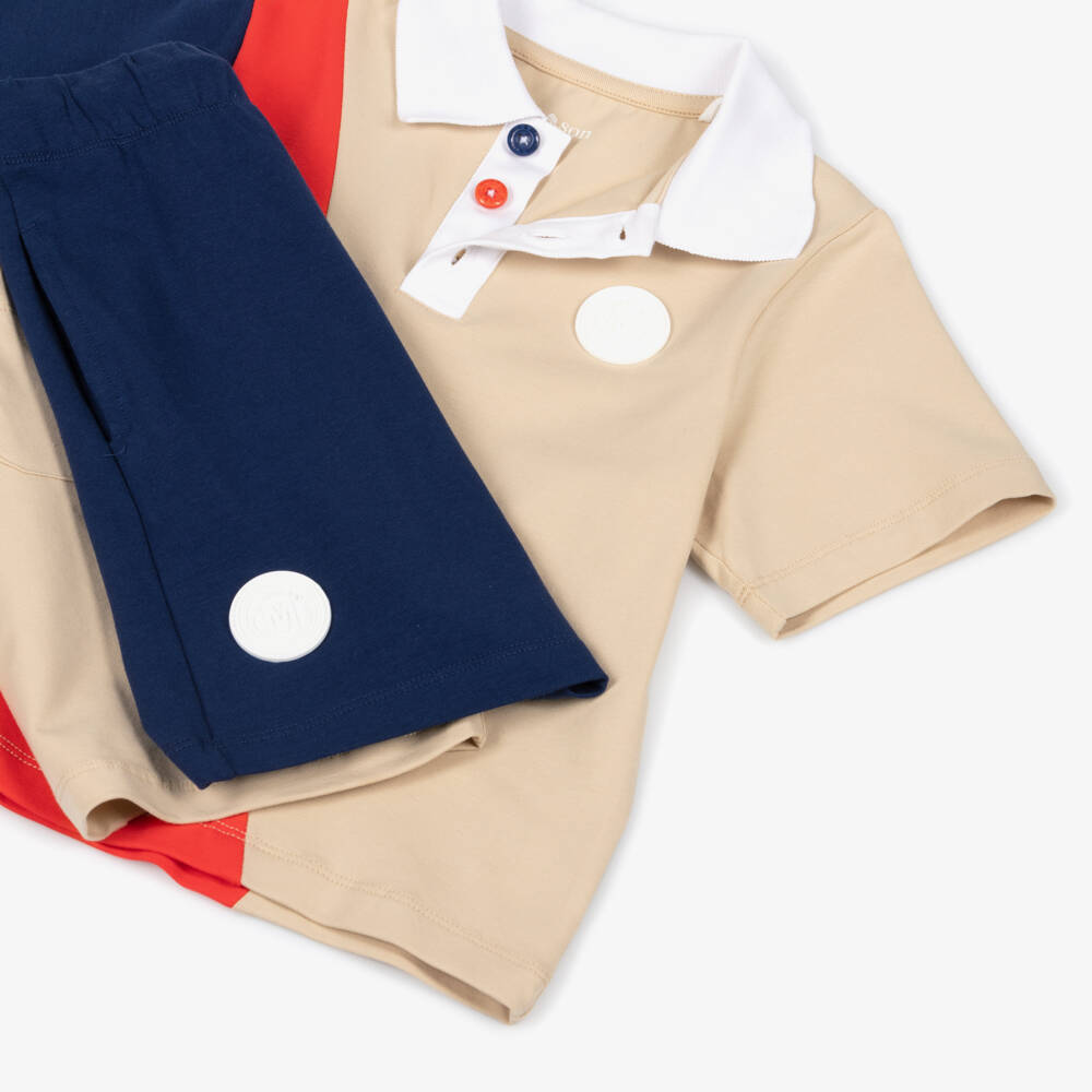 Mitch & Son-Boys Blue, Red & Beige Colourblock Cotton Shorts Set | Childrensalon