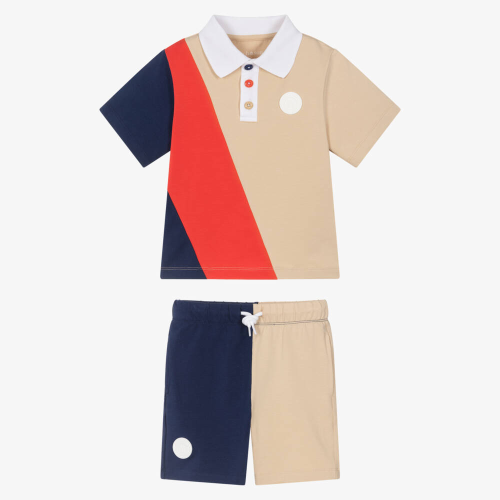 Mitch & Son-Boys Blue, Red & Beige Colourblock Cotton Shorts Set | Childrensalon