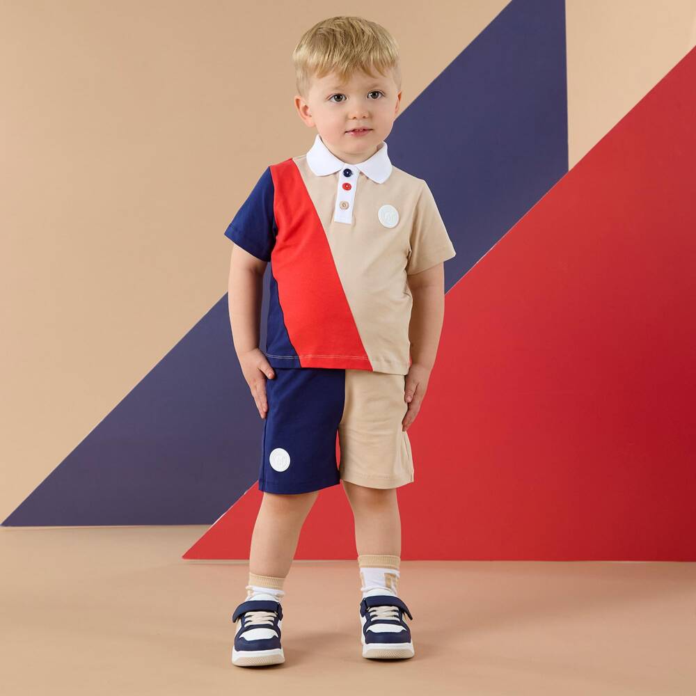 Mitch & Son-Boys Blue, Red & Beige Colourblock Cotton Shorts Set | Childrensalon