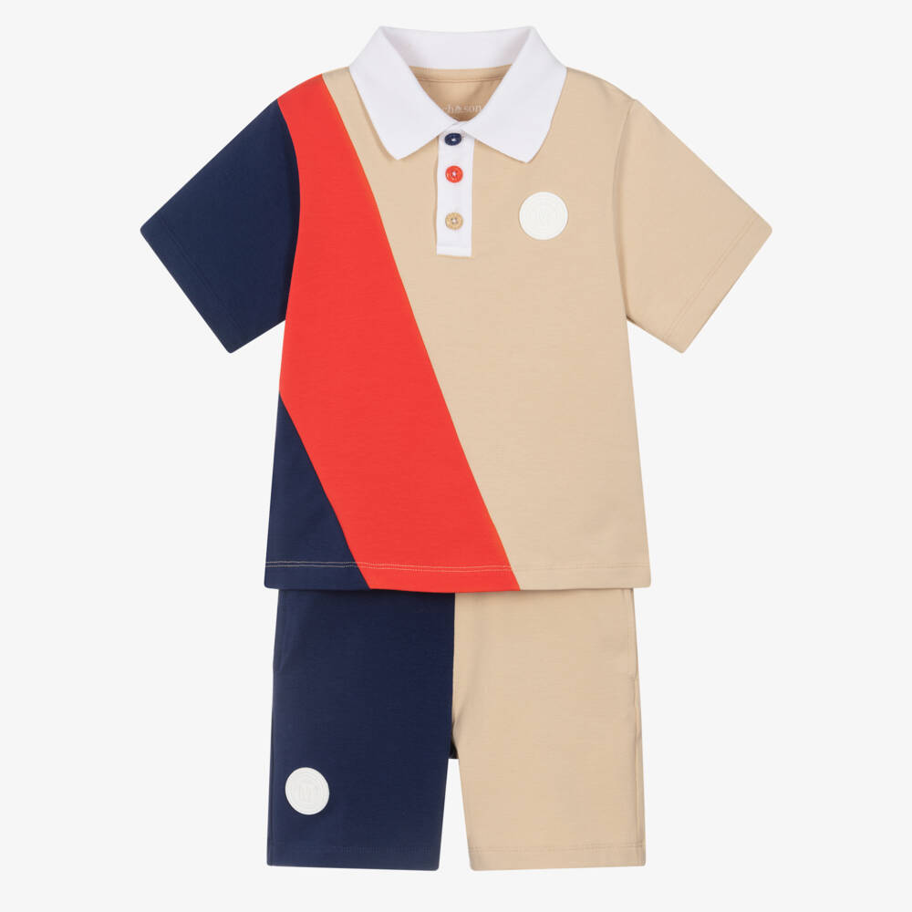 Mitch & Son-Boys Blue, Red & Beige Colourblock Cotton Shorts Set | Childrensalon