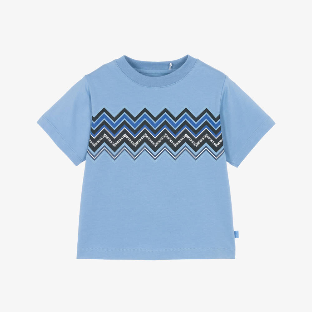 Mitch & Son-Boys Blue T-Shirt with Zigzag Print | Childrensalon
