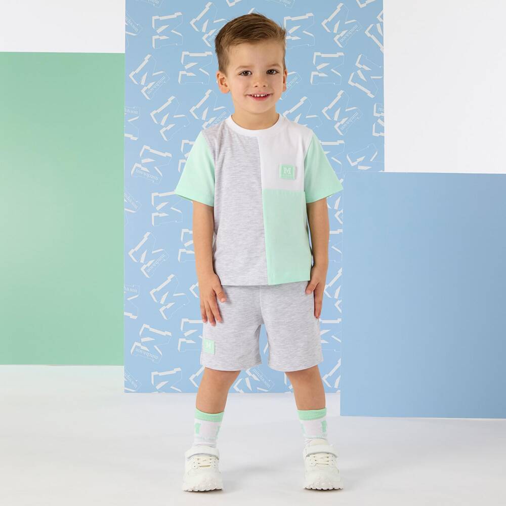 Mitch & Son-Boys Green & Grey Colour Block Shorts Set | Childrensalon