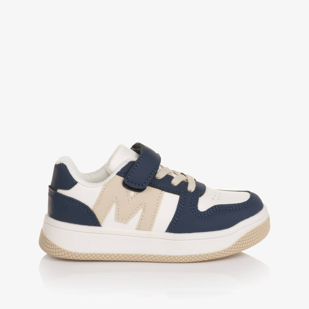 Mitch & Son-Boys Navy Blue & Beige Faux Leather Trainers | Childrensalon