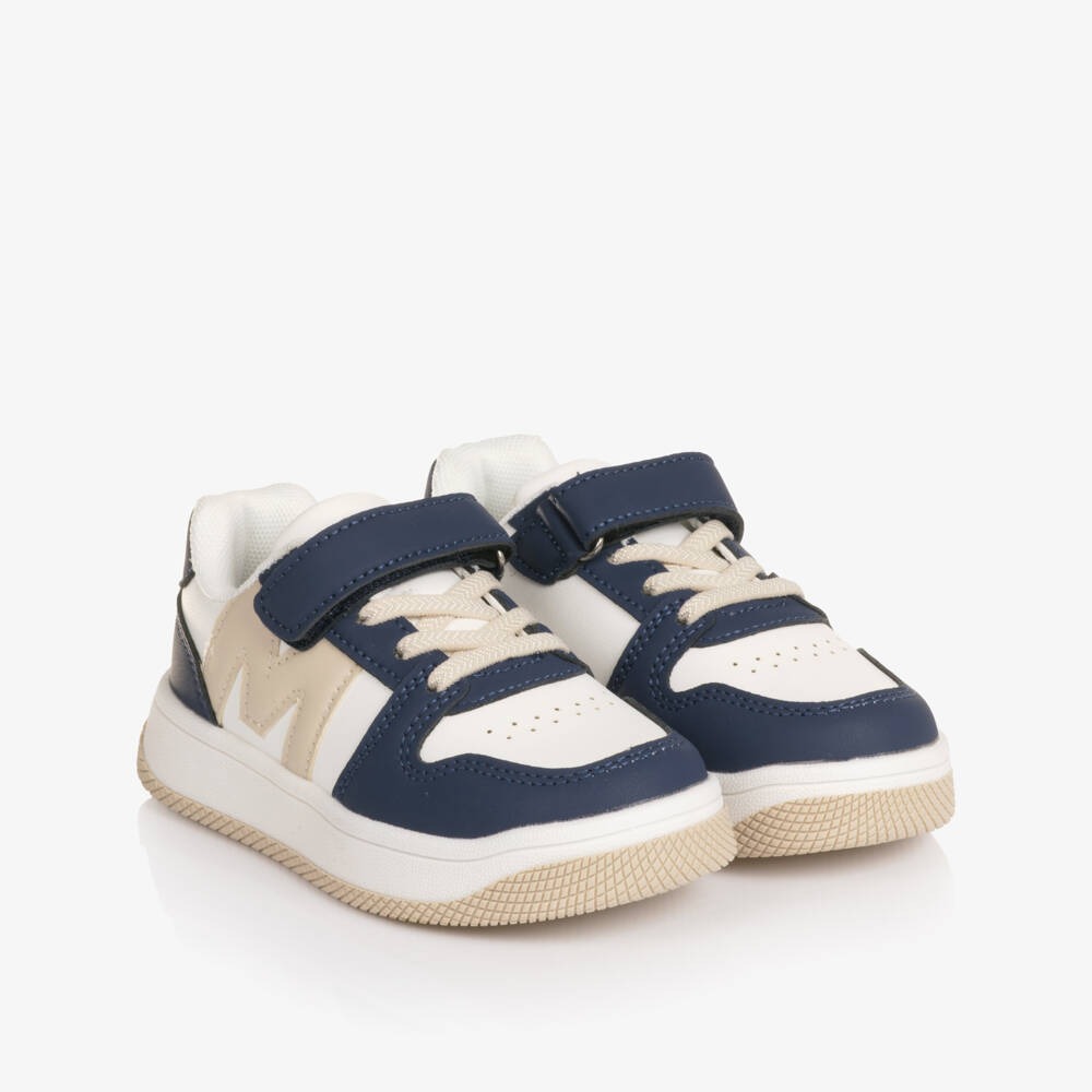 Mitch & Son-Boys Navy Blue & Beige Faux Leather Trainers | Childrensalon