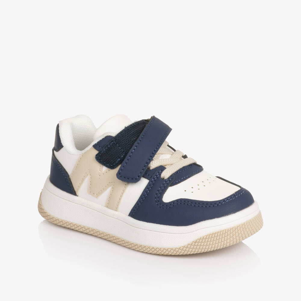 Mitch & Son-Boys Navy Blue & Beige Faux Leather Trainers | Childrensalon