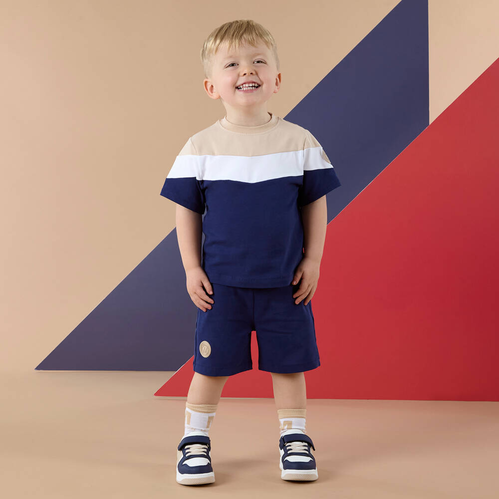 Mitch & Son-Boys Navy Blue Colourblock Cotton Jersey Shorts Set | Childrensalon