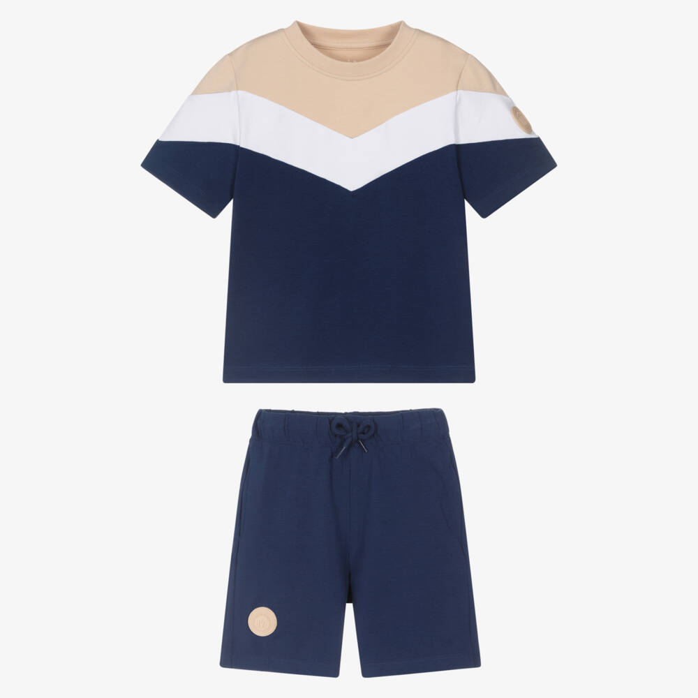 Mitch & Son-Boys Navy Blue Colourblock Cotton Jersey Shorts Set | Childrensalon