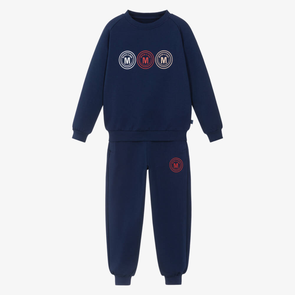 Mitch & Son-Boys Navy Blue Cotton Logo Branded Tracksuit | Childrensalon