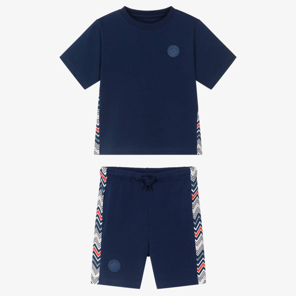 Mitch & Son-Boys Navy Blue Cotton Shorts Set with Zigzag Trims | Childrensalon