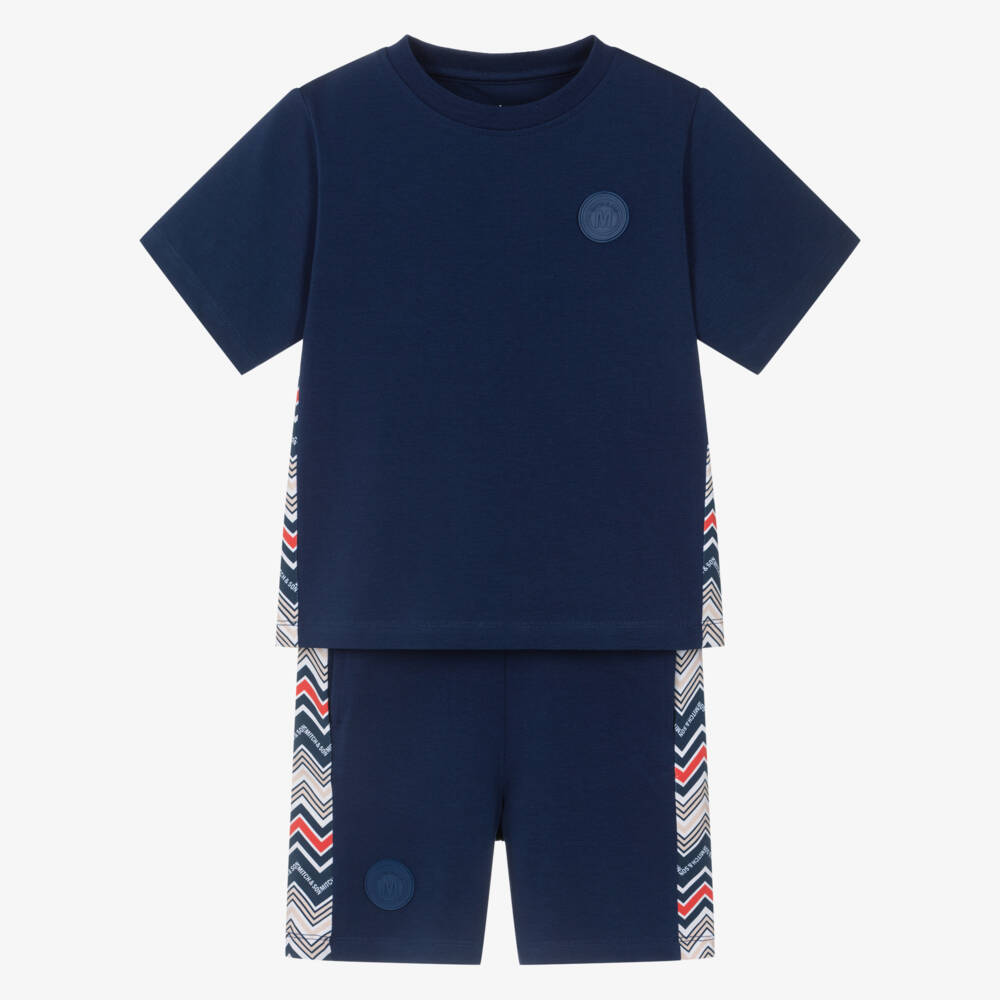 Mitch & Son-Boys Navy Blue Cotton Shorts Set with Zigzag Trims | Childrensalon