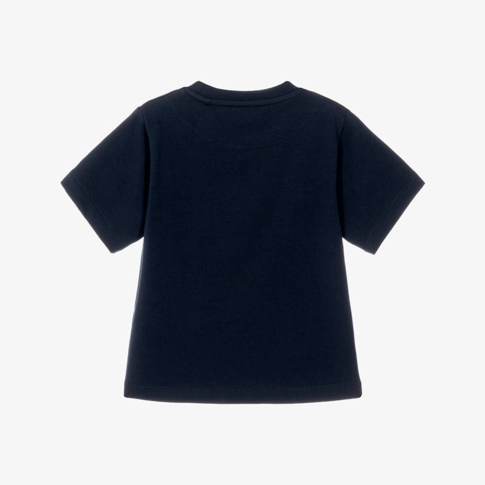 Mitch & Son-Boys Navy Blue T-Shirt with White & Beige Stripes | Childrensalon