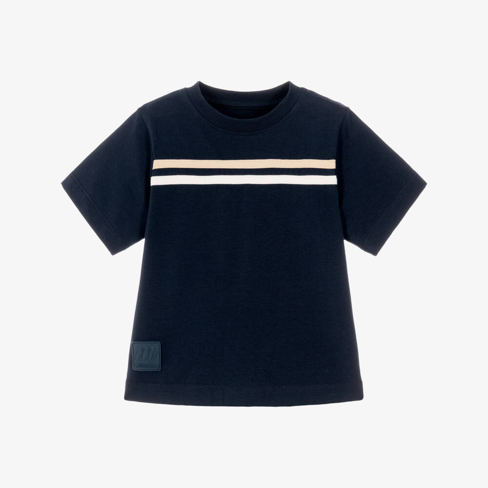 Mitch & Son-Boys Navy Blue T-Shirt with White & Beige Stripes  | Childrensalon