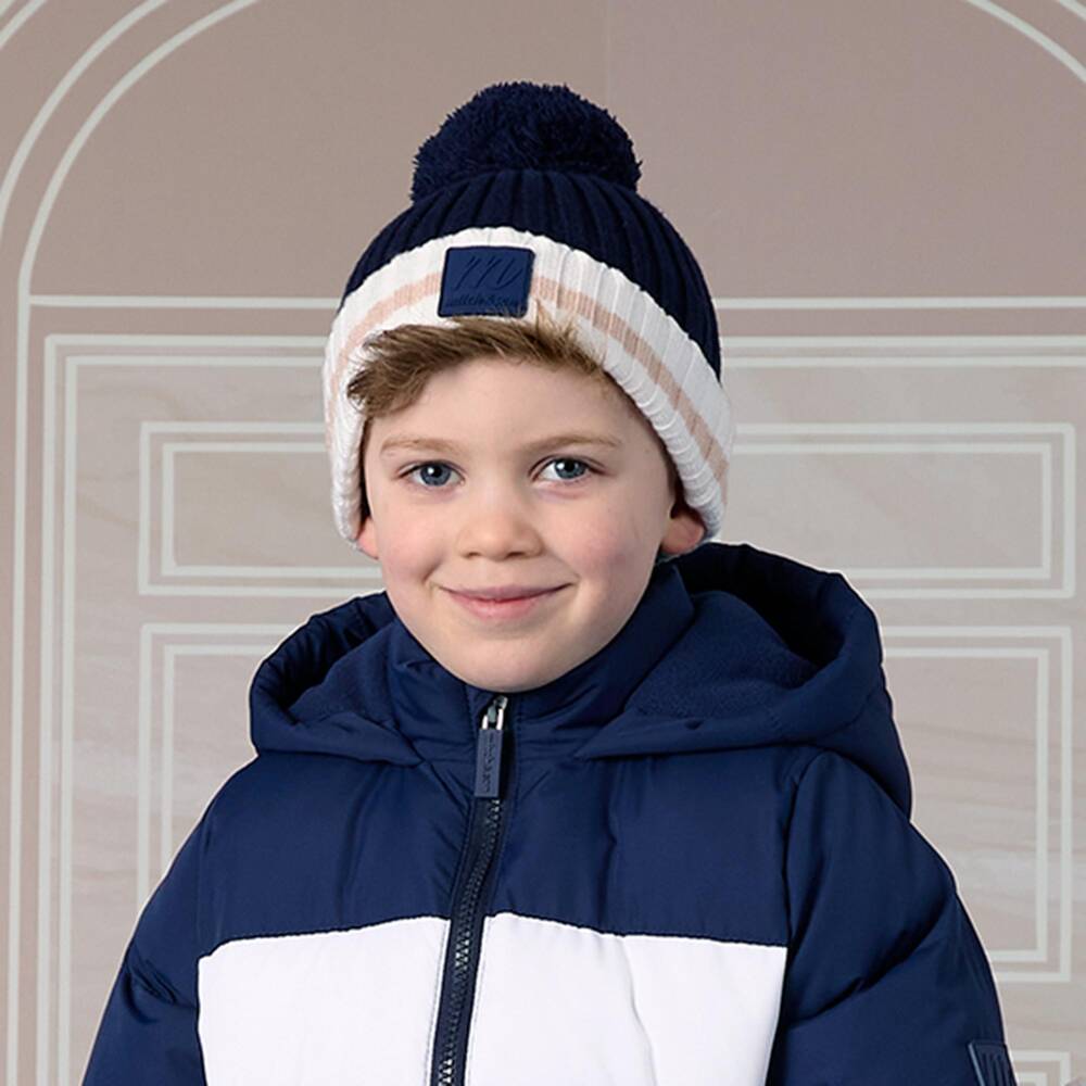 Mitch & Son-Boys Navy Blue & White Knitted Bobble Hat | Childrensalon